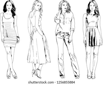 vector drawings on the theme of beautiful slim sporty girl in casual clothes in various poses painted ink hand sketch with no background