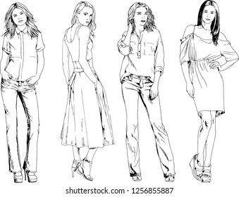 vector drawings on the theme of beautiful slim sporty girl in casual clothes in various poses painted ink hand sketch with no background