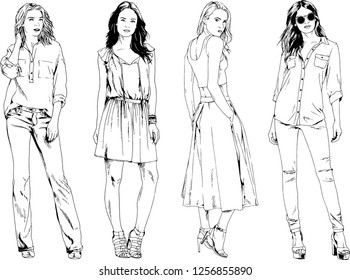 vector drawings on the theme of beautiful slim sporty girl in casual clothes in various poses painted ink hand sketch with no background
