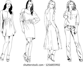 vector drawings on the theme of beautiful slim sporty girl in casual clothes in various poses painted ink hand sketch with no background