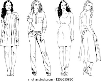vector drawings on the theme of beautiful slim sporty girl in casual clothes in various poses painted ink hand sketch with no background