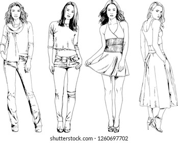 vector drawings on the theme of beautiful slim sporty girl in casual clothes in various poses painted ink hand sketch with no background