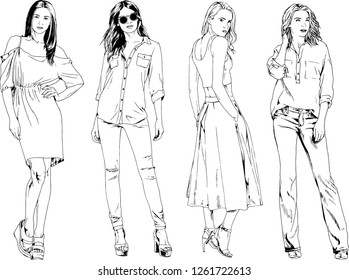 vector drawings on the theme of beautiful slim sporty girl in casual clothes in various poses painted ink hand sketch with no background