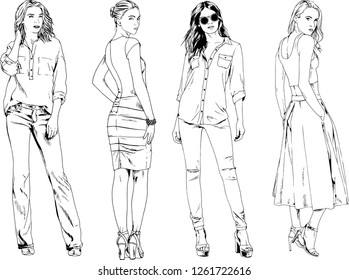 vector drawings on the theme of beautiful slim sporty girl in casual clothes in various poses painted ink hand sketch with no background