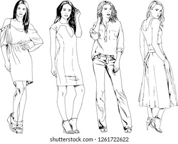 vector drawings on the theme of beautiful slim sporty girl in casual clothes in various poses painted ink hand sketch with no background