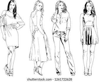 vector drawings on the theme of beautiful slim sporty girl in casual clothes in various poses painted ink hand sketch with no background