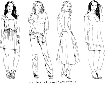 vector drawings on the theme of beautiful slim sporty girl in casual clothes in various poses painted ink hand sketch with no background