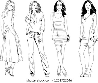 vector drawings on the theme of beautiful slim sporty girl in casual clothes in various poses painted ink hand sketch with no background