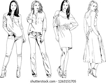 vector drawings on the theme of beautiful slim sporty girl in casual clothes in various poses painted ink hand sketch with no background