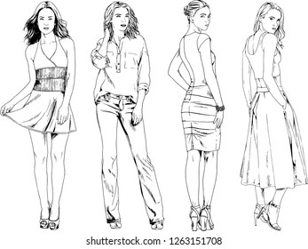 vector drawings on the theme of beautiful slim sporty girl in casual clothes in various poses painted ink hand sketch with no background