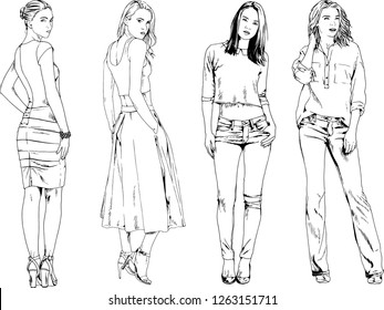 vector drawings on the theme of beautiful slim sporty girl in casual clothes in various poses painted ink hand sketch with no background