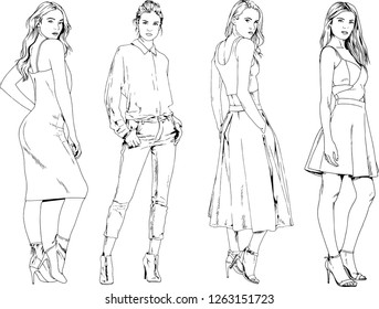 vector drawings on the theme of beautiful slim sporty girl in casual clothes in various poses painted ink hand sketch with no background
