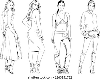 vector drawings on the theme of beautiful slim sporty girl in casual clothes in various poses painted ink hand sketch with no background