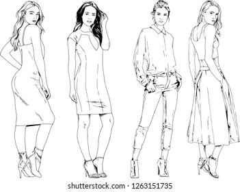 vector drawings on the theme of beautiful slim sporty girl in casual clothes in various poses painted ink hand sketch with no background