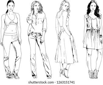 vector drawings on the theme of beautiful slim sporty girl in casual clothes in various poses painted ink hand sketch with no background