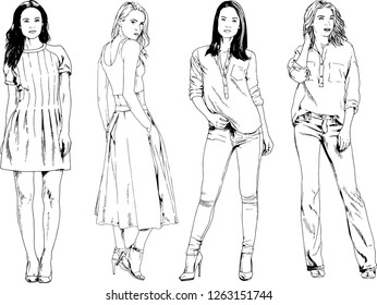 vector drawings on the theme of beautiful slim sporty girl in casual clothes in various poses painted ink hand sketch with no background