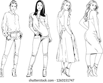 vector drawings on the theme of beautiful slim sporty girl in casual clothes in various poses painted ink hand sketch with no background