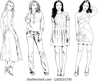 vector drawings on the theme of beautiful slim sporty girl in casual clothes in various poses painted ink hand sketch with no background