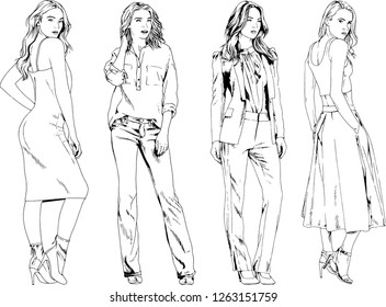 vector drawings on the theme of beautiful slim sporty girl in casual clothes in various poses painted ink hand sketch with no background