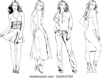 vector drawings on the theme of beautiful slim sporty girl in casual clothes in various poses painted ink hand sketch with no background