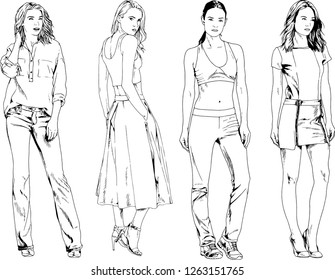 vector drawings on the theme of beautiful slim sporty girl in casual clothes in various poses painted ink hand sketch with no background