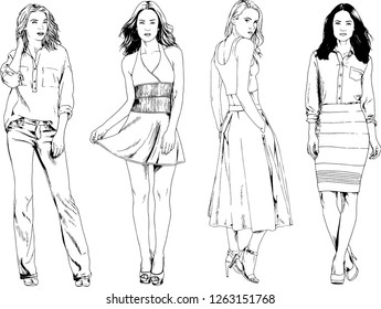 vector drawings on the theme of beautiful slim sporty girl in casual clothes in various poses painted ink hand sketch with no background