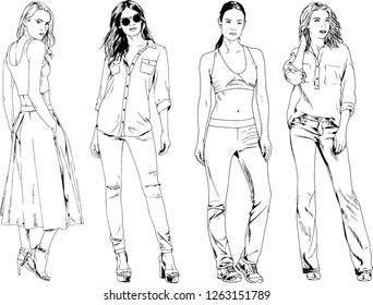 vector drawings on the theme of beautiful slim sporty girl in casual clothes in various poses painted ink hand sketch with no background