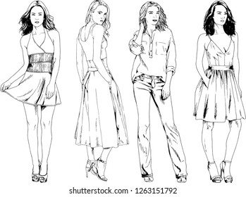 vector drawings on the theme of beautiful slim sporty girl in casual clothes in various poses painted ink hand sketch with no background