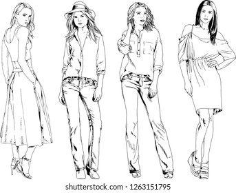 vector drawings on the theme of beautiful slim sporty girl in casual clothes in various poses painted ink hand sketch with no background