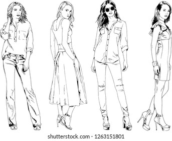 vector drawings on the theme of beautiful slim sporty girl in casual clothes in various poses painted ink hand sketch with no background