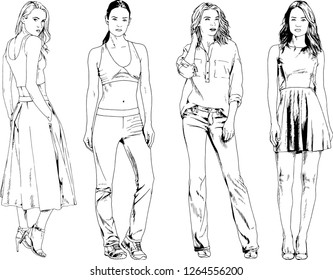 vector drawings on the theme of beautiful slim sporty girl in casual clothes in various poses painted ink hand sketch with no background