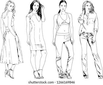 vector drawings on the theme of beautiful slim sporty girl in casual clothes in various poses painted ink hand sketch with no background