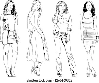 vector drawings on the theme of beautiful slim sporty girl in casual clothes in various poses painted ink hand sketch with no background