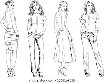 vector drawings on the theme of beautiful slim sporty girl in casual clothes in various poses painted ink hand sketch with no background