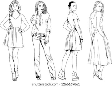vector drawings on the theme of beautiful slim sporty girl in casual clothes in various poses painted ink hand sketch with no background