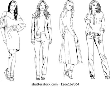 vector drawings on the theme of beautiful slim sporty girl in casual clothes in various poses painted ink hand sketch with no background