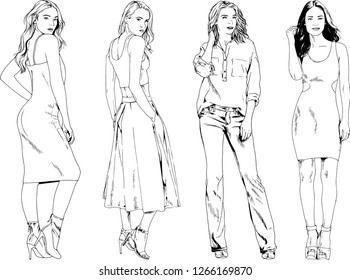 vector drawings on the theme of beautiful slim sporty girl in casual clothes in various poses painted ink hand sketch with no background