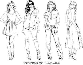 vector drawings on the theme of beautiful slim sporty girl in casual clothes in various poses painted ink hand sketch with no background