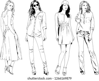 vector drawings on the theme of beautiful slim sporty girl in casual clothes in various poses painted ink hand sketch with no background