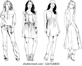 vector drawings on the theme of beautiful slim sporty girl in casual clothes in various poses painted ink hand sketch with no background