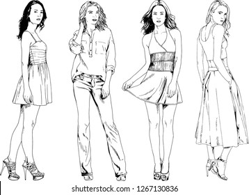 vector drawings on the theme of beautiful slim sporty girl in casual clothes in various poses painted ink hand sketch with no background