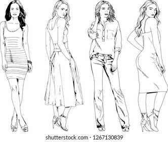 vector drawings on the theme of beautiful slim sporty girl in casual clothes in various poses painted ink hand sketch with no background