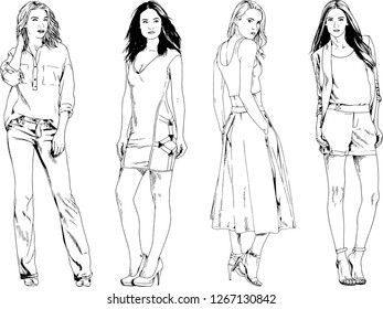 vector drawings on the theme of beautiful slim sporty girl in casual clothes in various poses painted ink hand sketch with no background