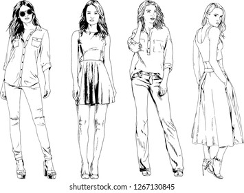 vector drawings on the theme of beautiful slim sporty girl in casual clothes in various poses painted ink hand sketch with no background
