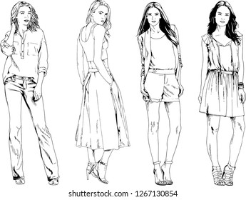 vector drawings on the theme of beautiful slim sporty girl in casual clothes in various poses painted ink hand sketch with no background