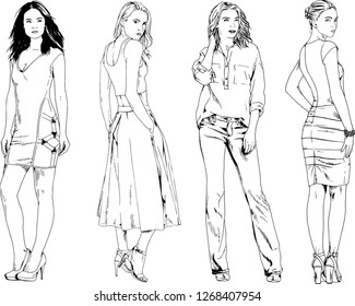 vector drawings on the theme of beautiful slim sporty girl in casual clothes in various poses painted ink hand sketch with no background
