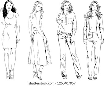 vector drawings on the theme of beautiful slim sporty girl in casual clothes in various poses painted ink hand sketch with no background