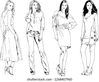 vector drawings on the theme of beautiful slim sporty girl in casual clothes in various poses painted ink hand sketch with no background