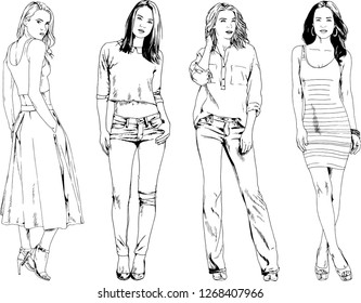 vector drawings on the theme of beautiful slim sporty girl in casual clothes in various poses painted ink hand sketch with no background