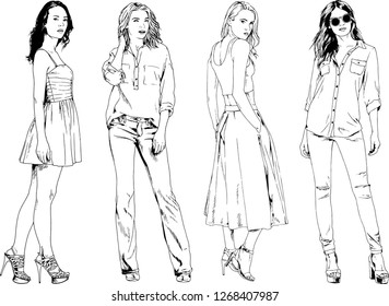 vector drawings on the theme of beautiful slim sporty girl in casual clothes in various poses painted ink hand sketch with no background